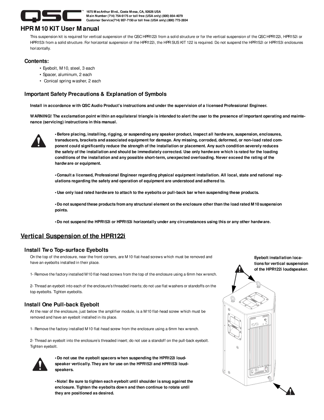 QSC Audio HPR M KIT 122 user manual Vertical Suspension of the HPR122i, Contents, Install Two Top-surface Eyebolts 