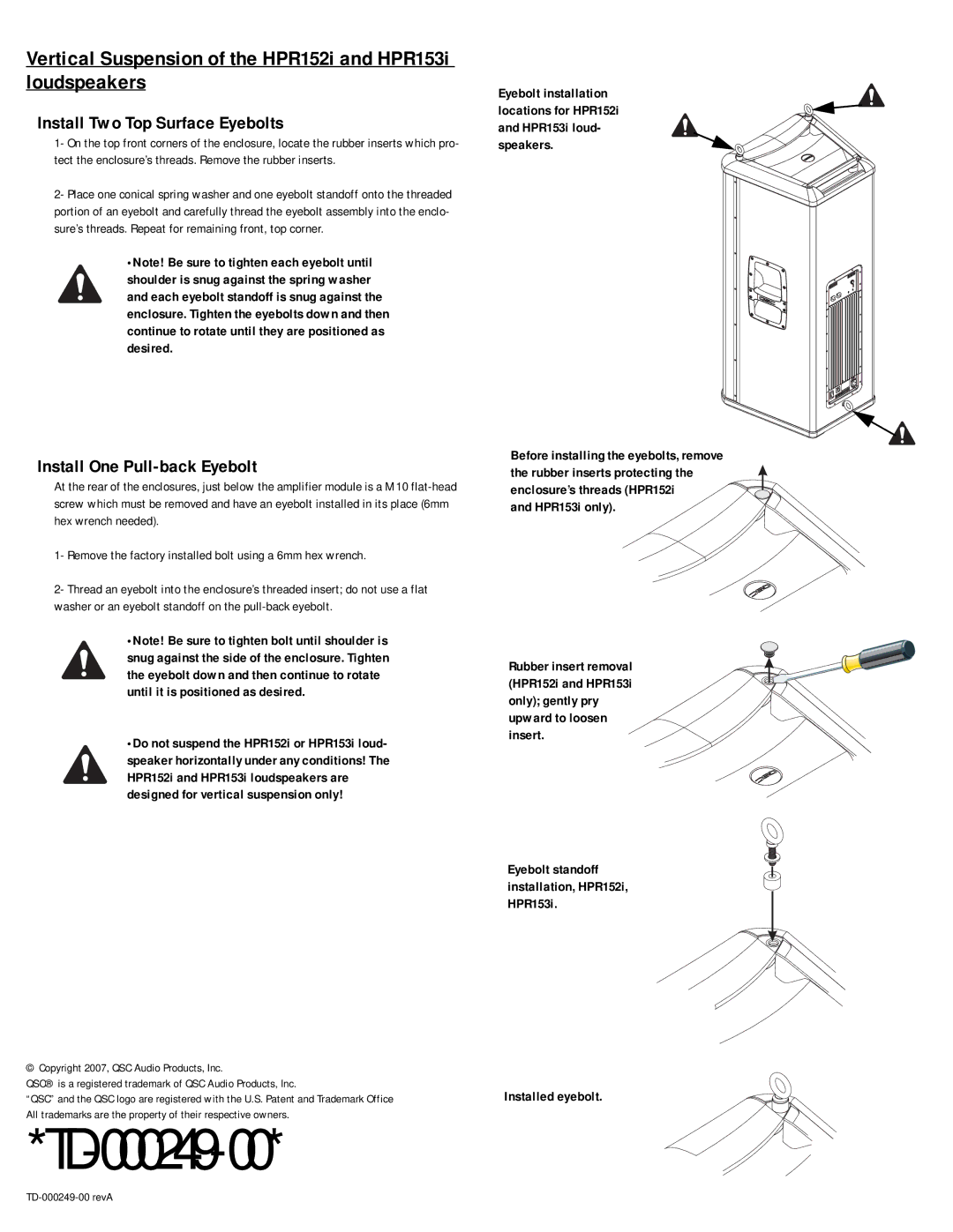 QSC Audio HPR M KIT 122 user manual TD-000249-00, Vertical Suspension of the HPR152i and HPR153i loudspeakers 