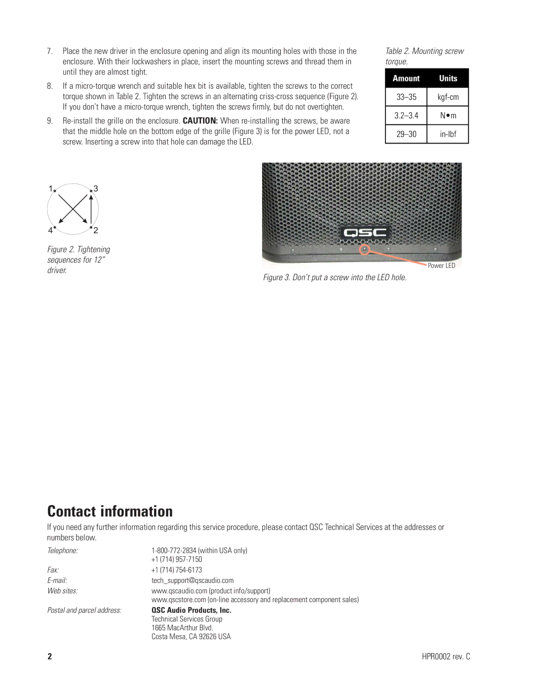 QSC Audio HPR0002 manual Contact information, Mounting screw torque, Driver 