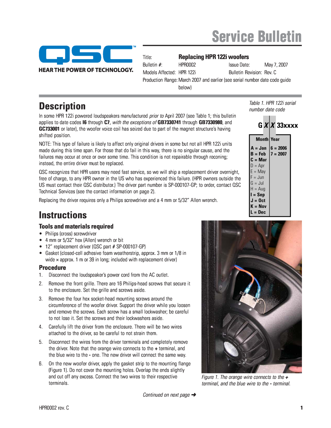 QSC Audio HPR0002 manual Description, Instructions, Continued on next page, Service Bulletin, Replacing HPR 122i woofers 
