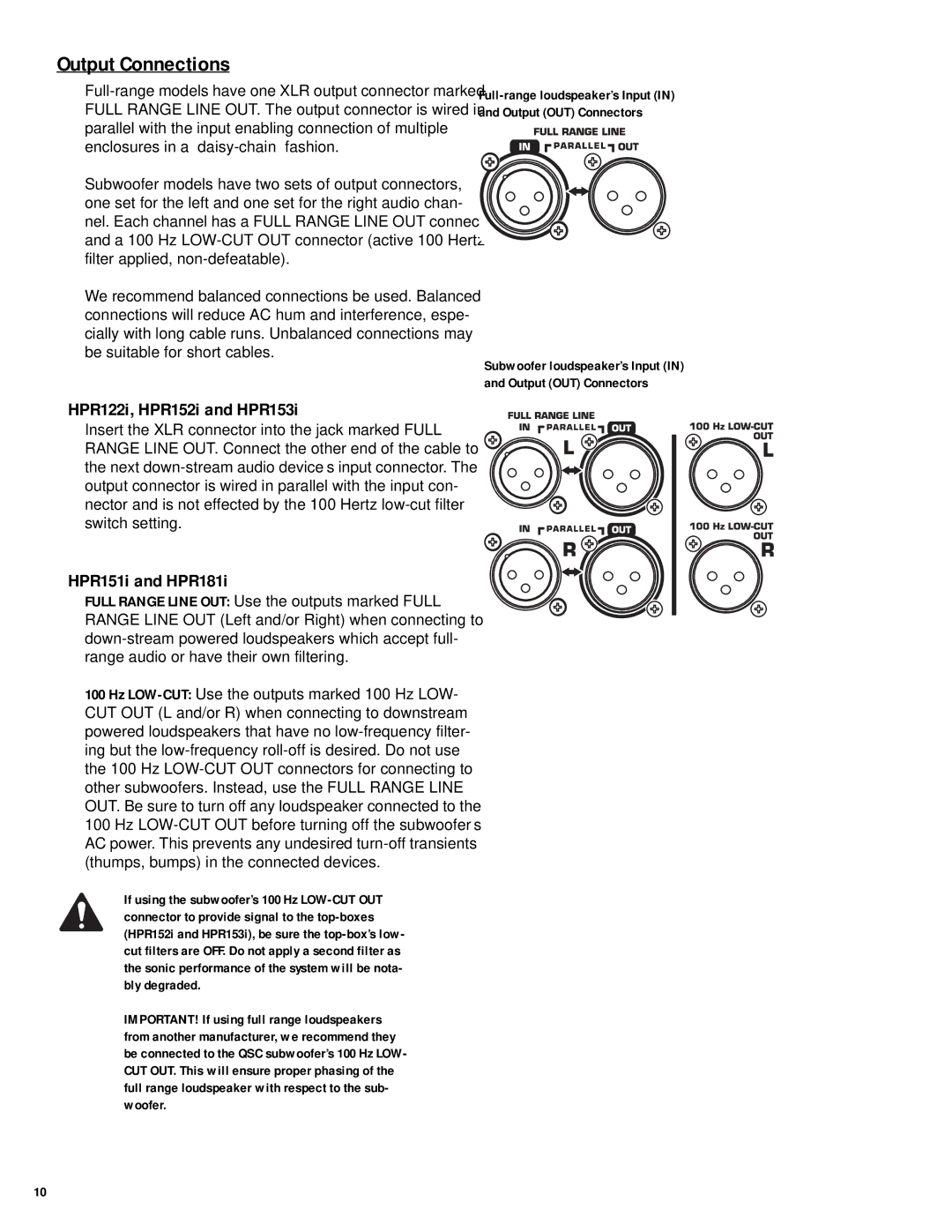 QSC Audio HPR122i, HPR152i, HPR153i, HPR151i, HPR181i user manual Output Connections, HPR122i, HPR152i and HPR153i 