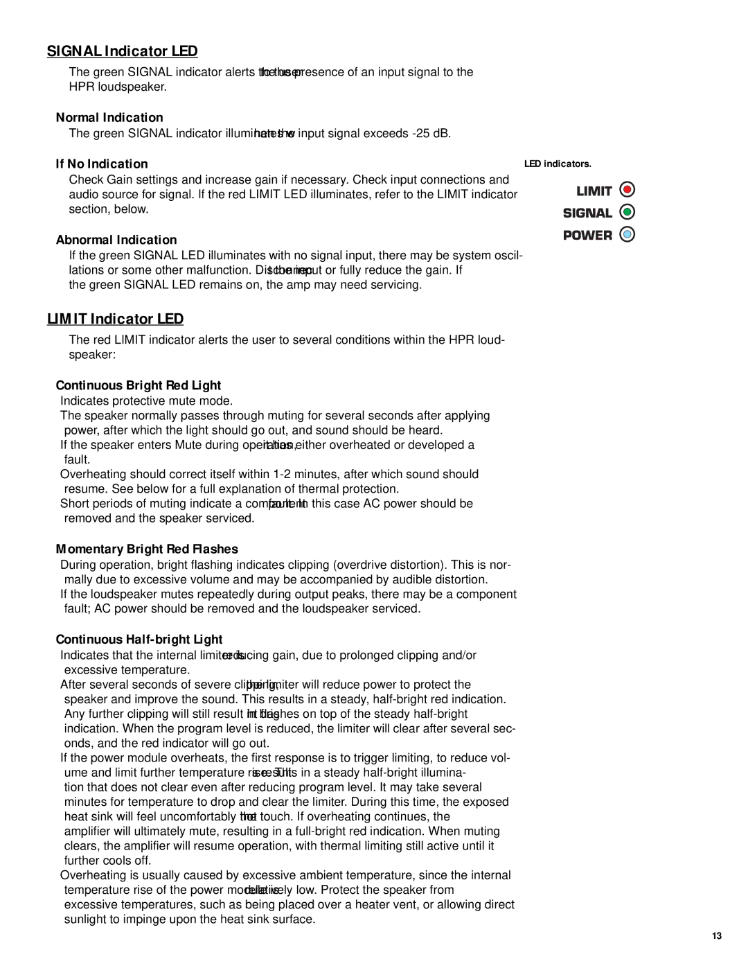 QSC Audio HPR122i, HPR152i, HPR153i, HPR151i, HPR181i user manual Signal Indicator LED, Limit Indicator LED 