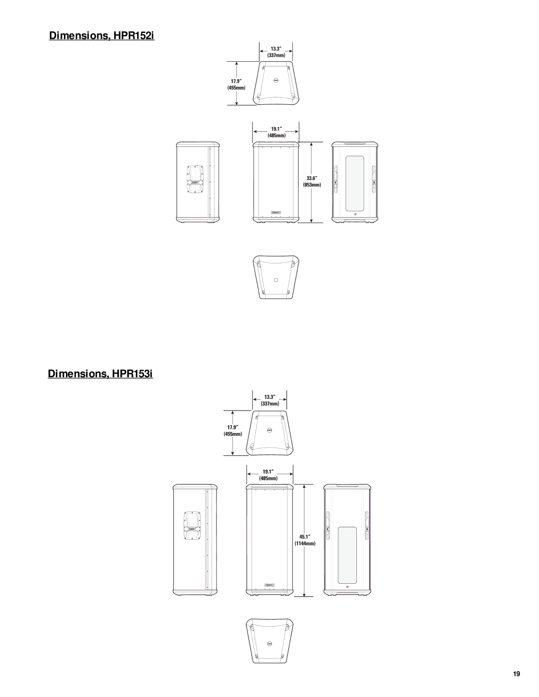 QSC Audio HPR122i, HPR152i, HPR153i, HPR151i, HPR181i user manual Dimensions, HPR152i Dimensions, HPR153i 