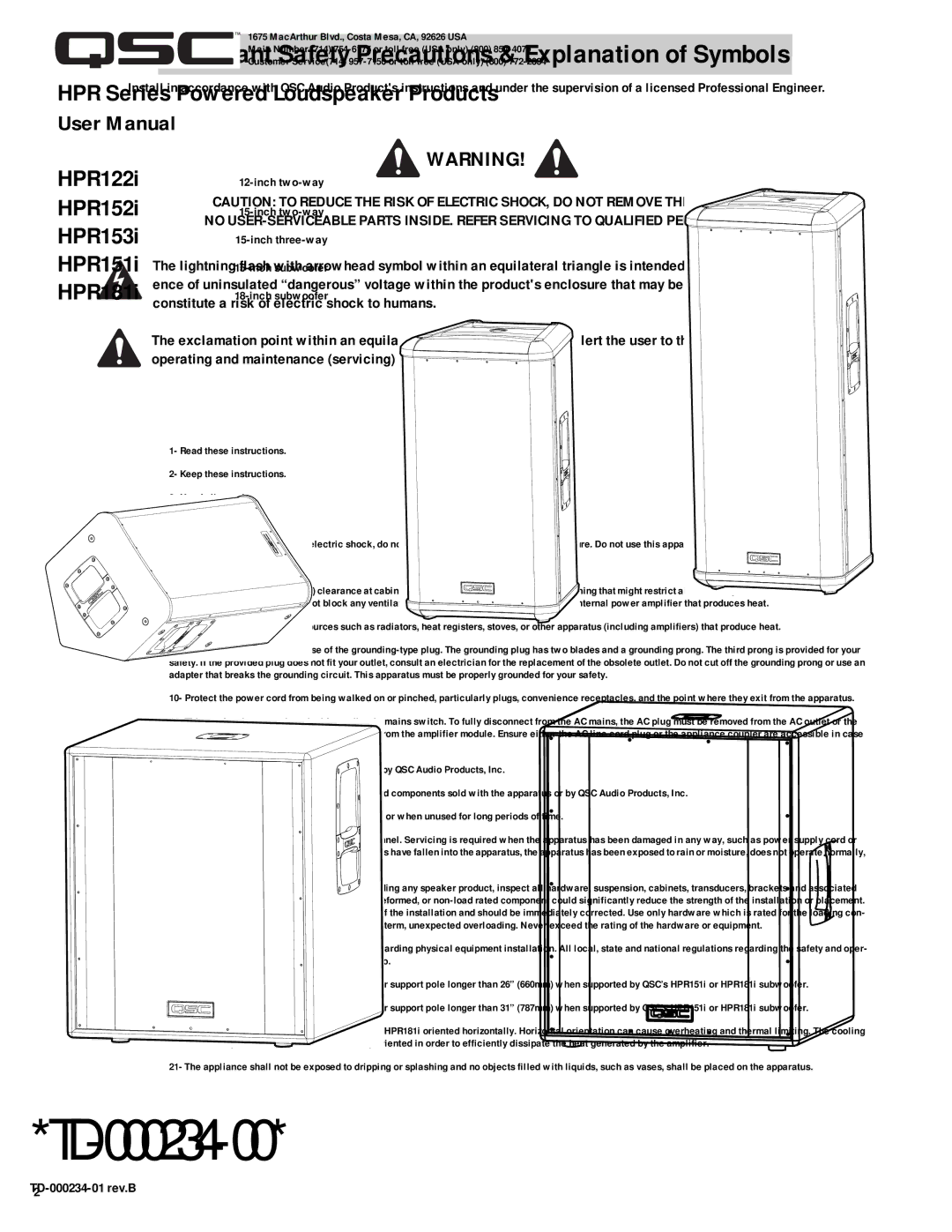 QSC Audio HPR122i, HPR152i, HPR153i, HPR151i, HPR181i user manual Important Safety Precautions & Explanation of Symbols 