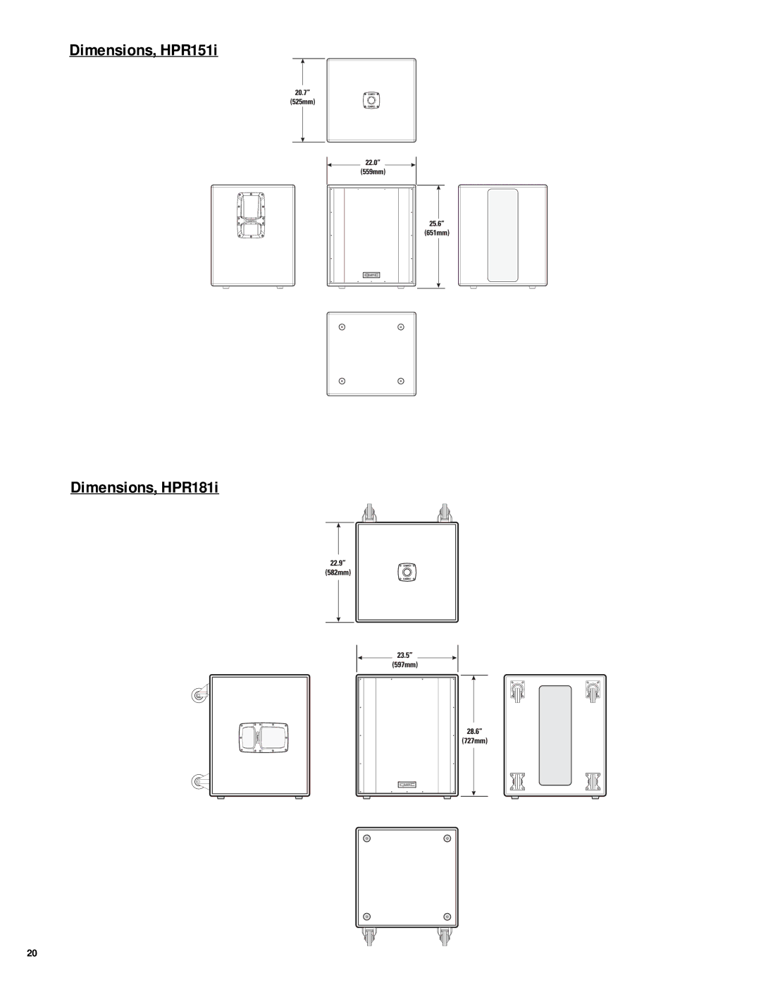 QSC Audio HPR122i, HPR152i, HPR153i, HPR151i, HPR181i user manual Dimensions, HPR151i Dimensions, HPR181i 