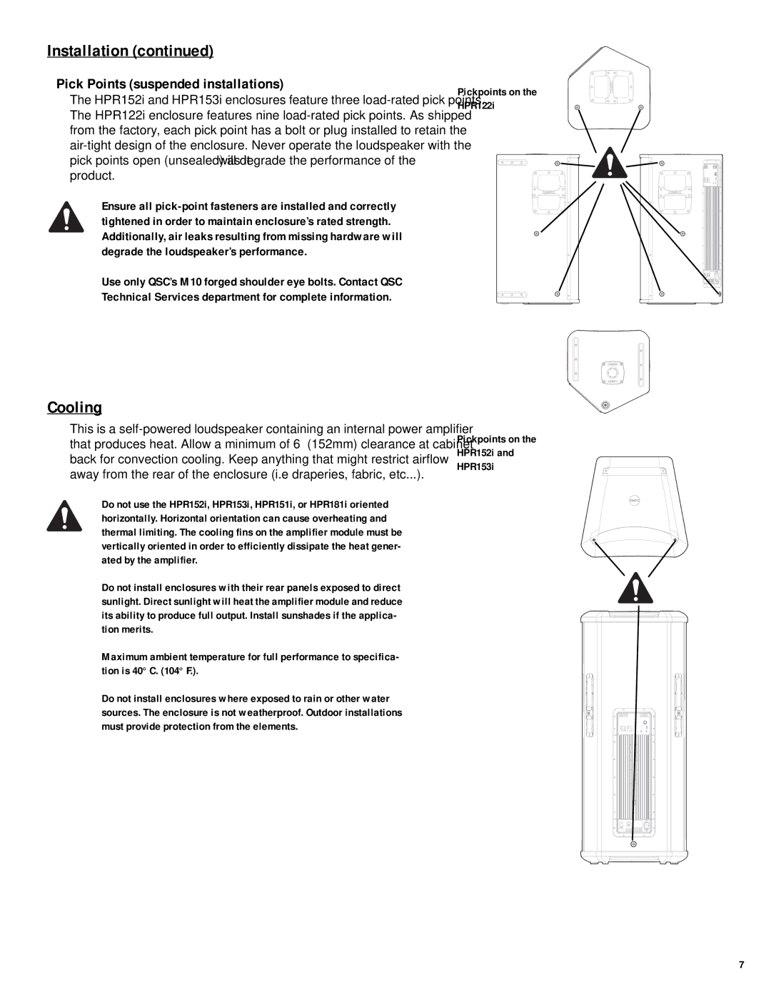 QSC Audio HPR122i, HPR152i, HPR153i, HPR151i, HPR181i user manual Cooling, Pick Points suspended installations 