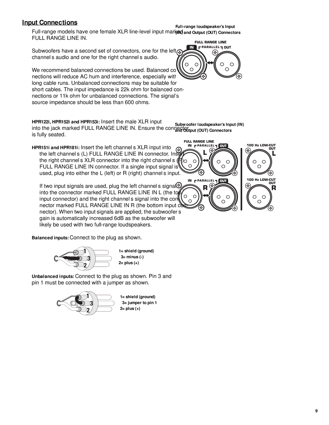 QSC Audio HPR122i, HPR152i, HPR153i, HPR151i, HPR181i user manual Input Connections, Full Range Line 