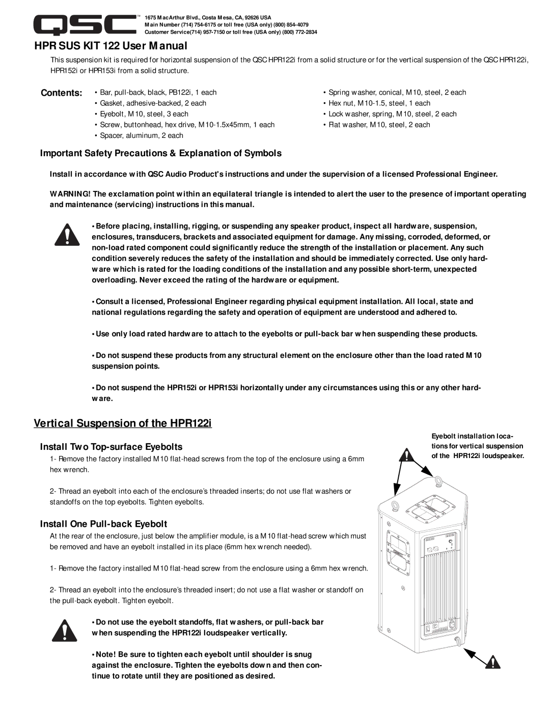 QSC Audio user manual Vertical Suspension of the HPR122i, Contents, Install Two Top-surface Eyebolts 