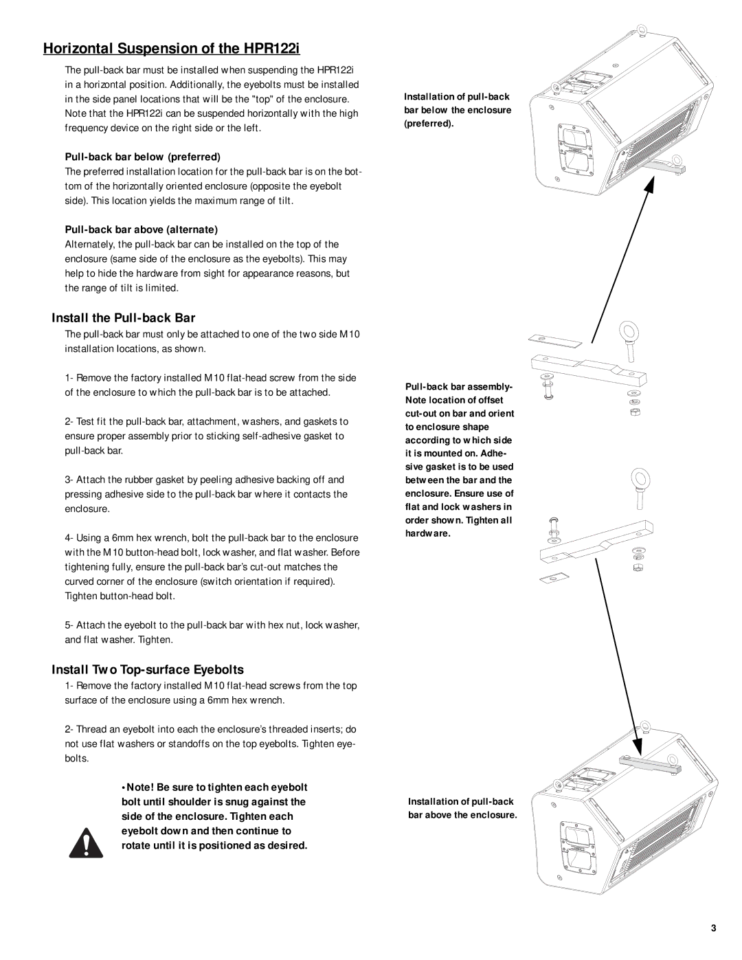 QSC Audio user manual Horizontal Suspension of the HPR122i, Install the Pull-back Bar 