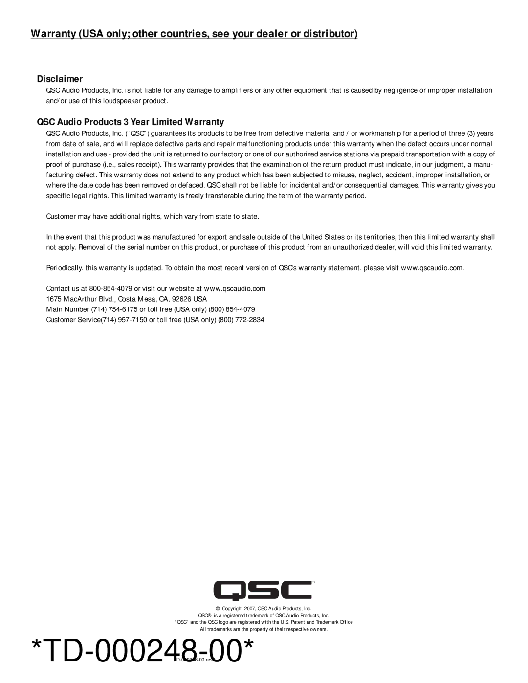 QSC Audio HPR122i user manual Disclaimer, QSC Audio Products 3 Year Limited Warranty 