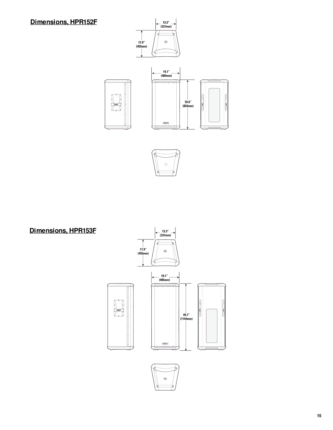 QSC Audio HPR151W, HPR181W user manual Dimensions, HPR152F Dimensions, HPR153F 