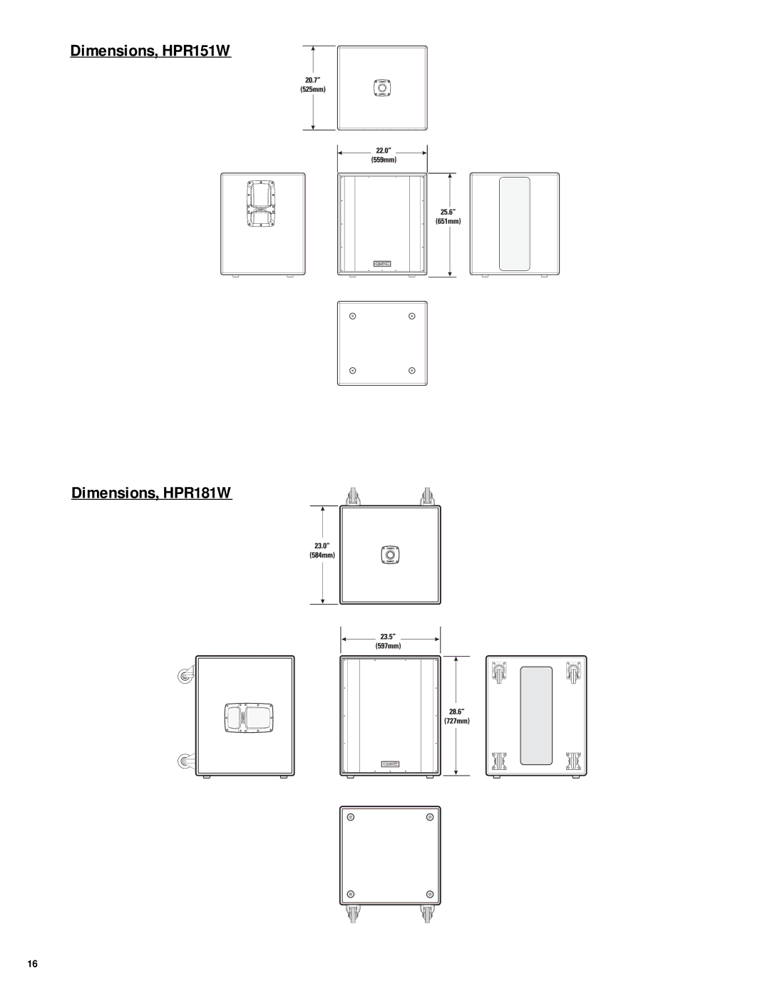 QSC Audio HPR153F, HPR152F user manual Dimensions, HPR151W Dimensions, HPR181W 