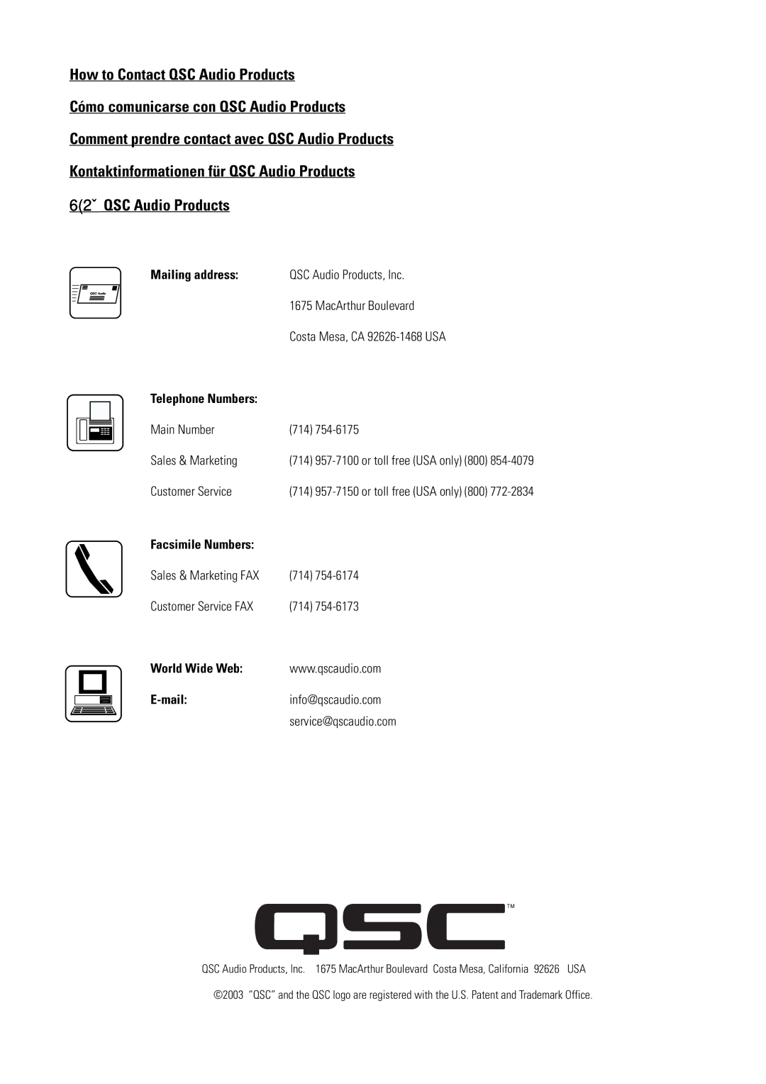 QSC Audio I-YM8, I-82H user manual Mailing address, Facsimile Numbers, World Wide Web Mail 