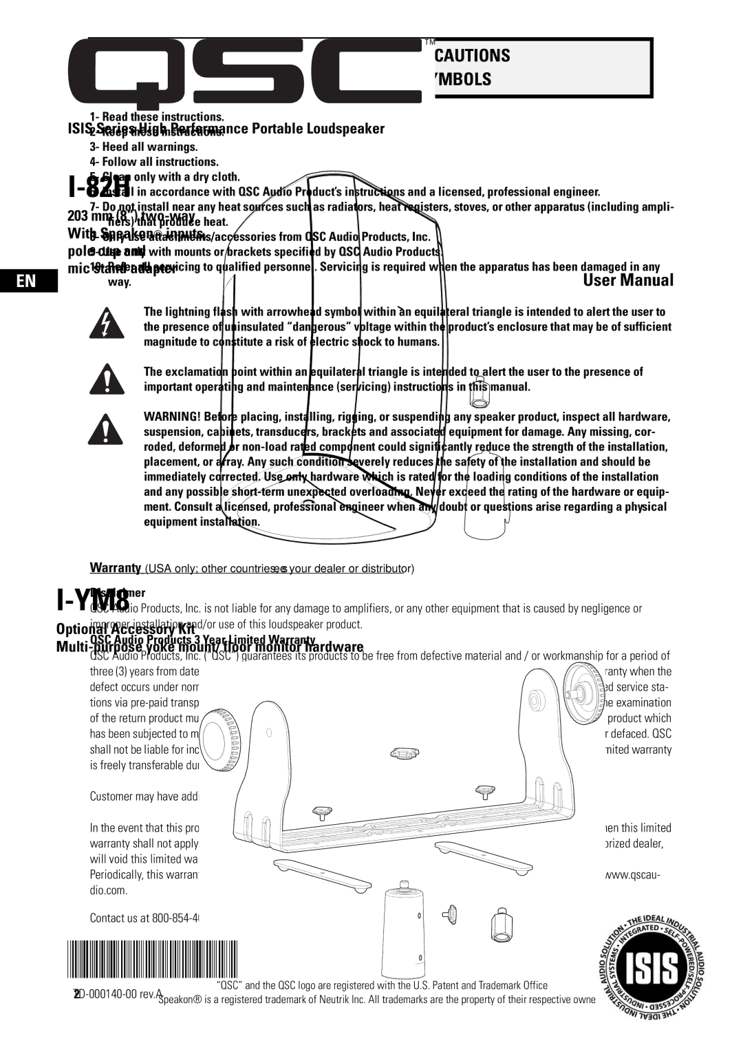 QSC Audio I-82H, I-YM8 user manual Disclaimer, QSC Audio Products 3 Year Limited Warranty 