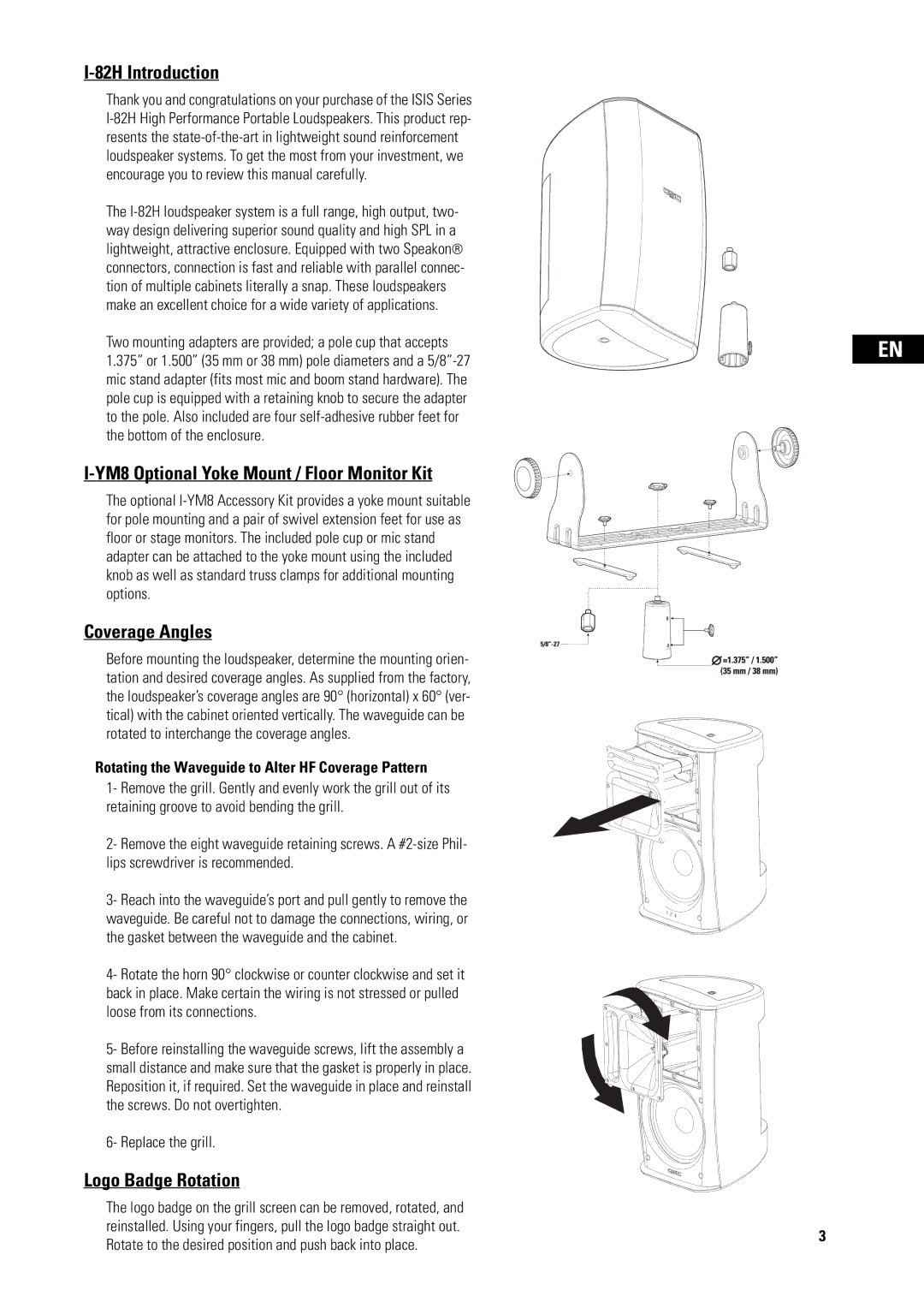 QSC Audio I-YM8, I-82H 82H Introduction, YM8 Optional Yoke Mount / Floor Monitor Kit, Coverage Angles, Logo Badge Rotation 