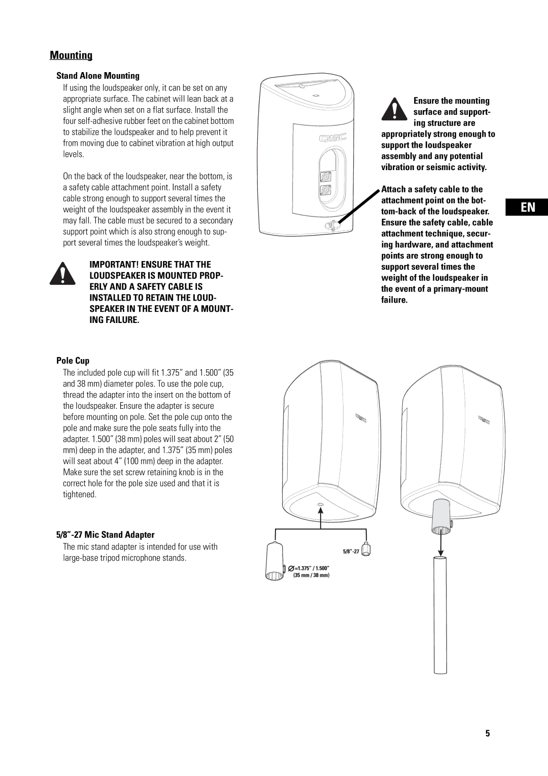 QSC Audio I-YM8, I-82H user manual Stand Alone Mounting, Pole Cup, Mic Stand Adapter 