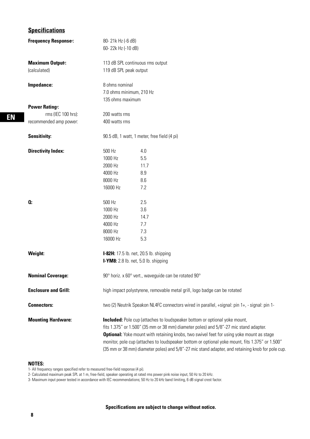 QSC Audio I-82H, I-YM8 user manual Specifications 