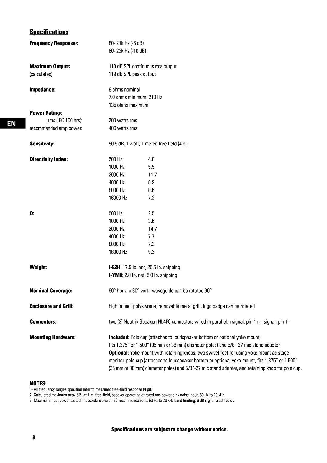 QSC Audio I-82H, I-YM8 user manual Specifications 