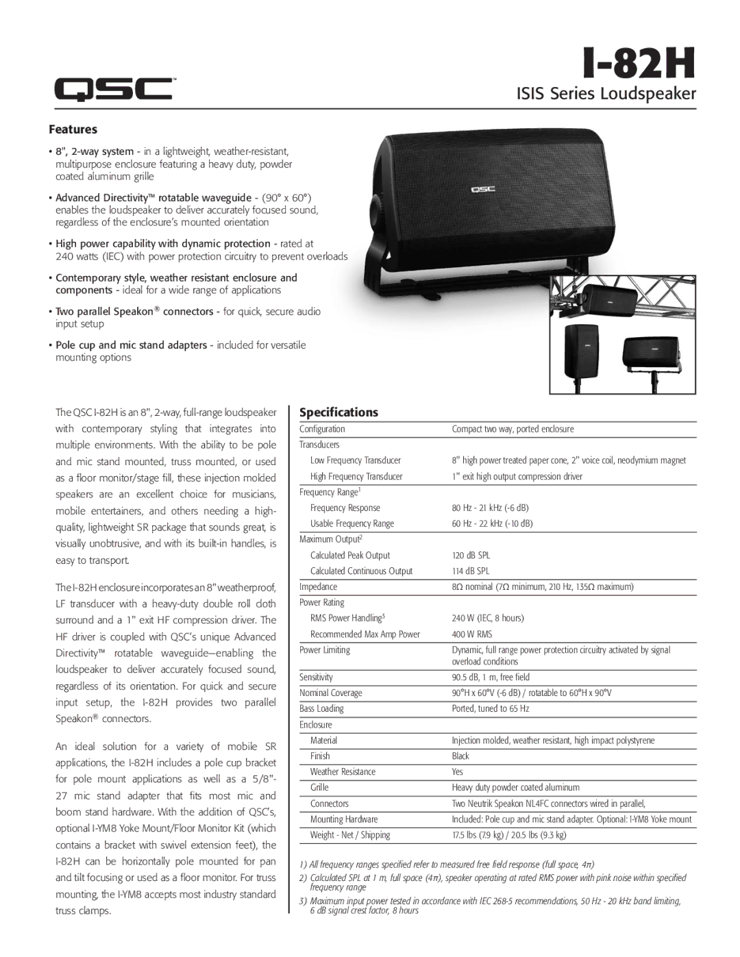 QSC Audio I-84H specifications Features, Specifications, Overload conditions, Mounting Hardware 