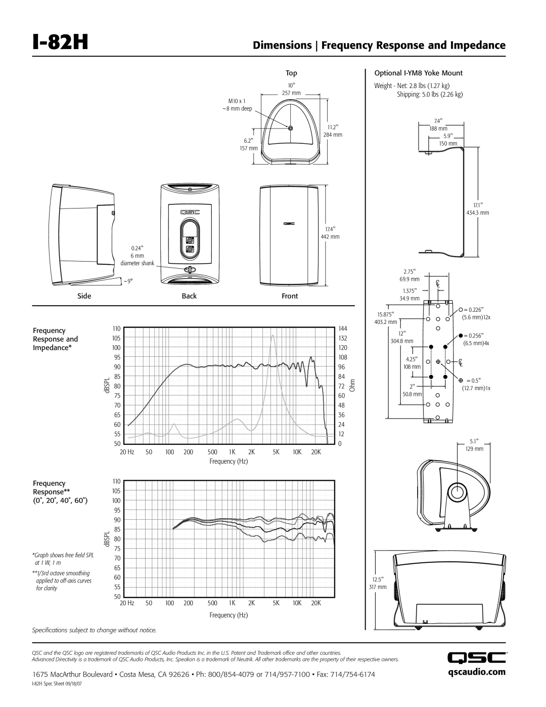 QSC Audio I-84H specifications Qscaudio.com 