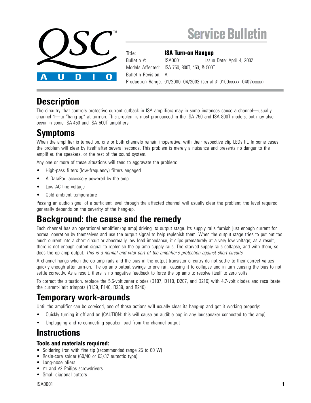 QSC Audio ISA 800T manual Description, Symptoms, Background the cause and the remedy, Temporary work-arounds, Instructions 