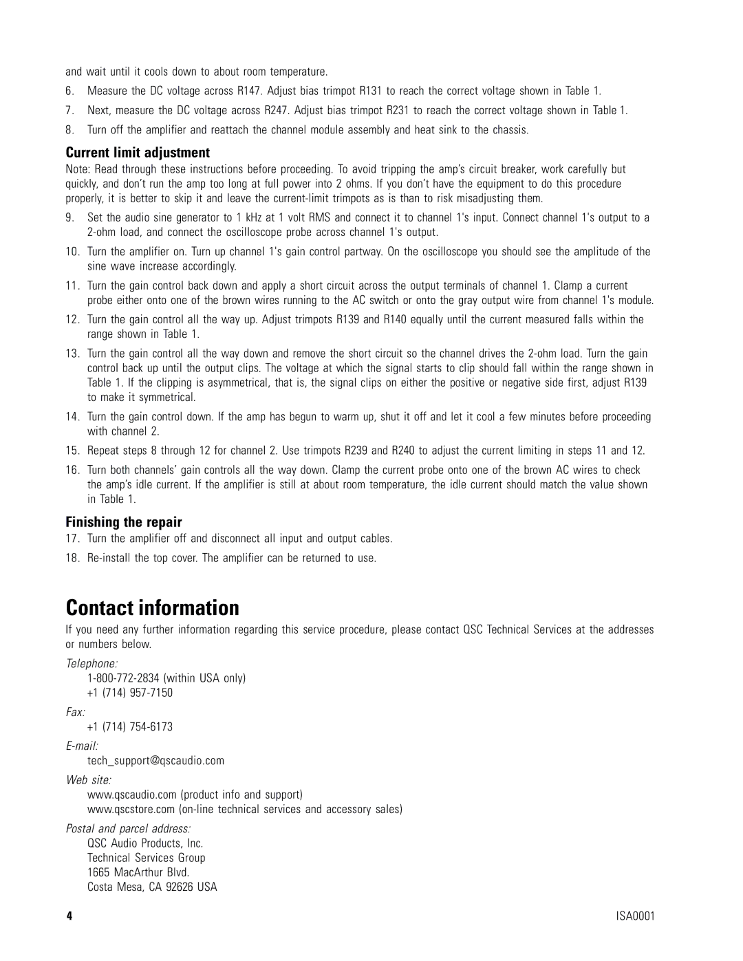 QSC Audio ISA 500T, ISA 800T, ISA 450, ISA 750 manual Contact information, Current limit adjustment, Finishing the repair 