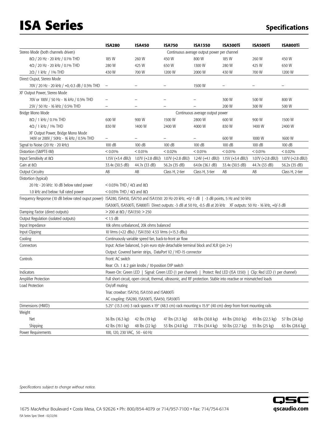 QSC Audio ISA500Ti, ISA450, ISA300Ti, ISA800Ti, ISA750, ISA280, ISA1350 warranty ISA Series, Specifications, Qscaudio.com 