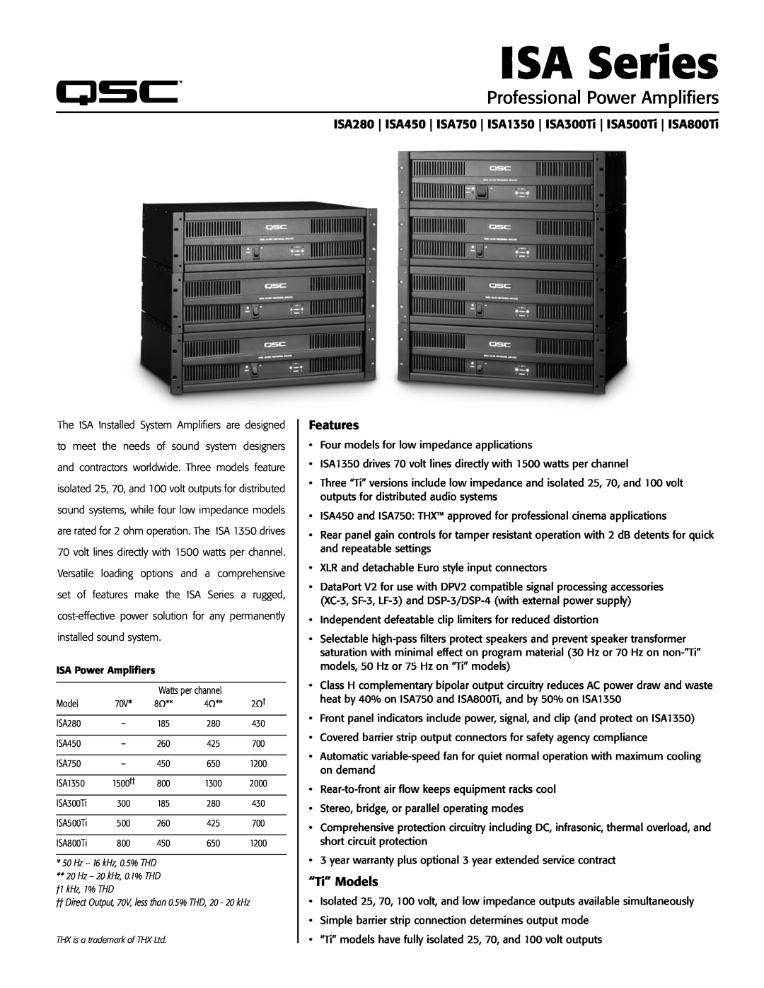 QSC Audio ISA300Ti warranty Features, “Ti” Models, ISA Series, Professional Power Amplifiers, Hz - 16 kHz, 0.5% THD 