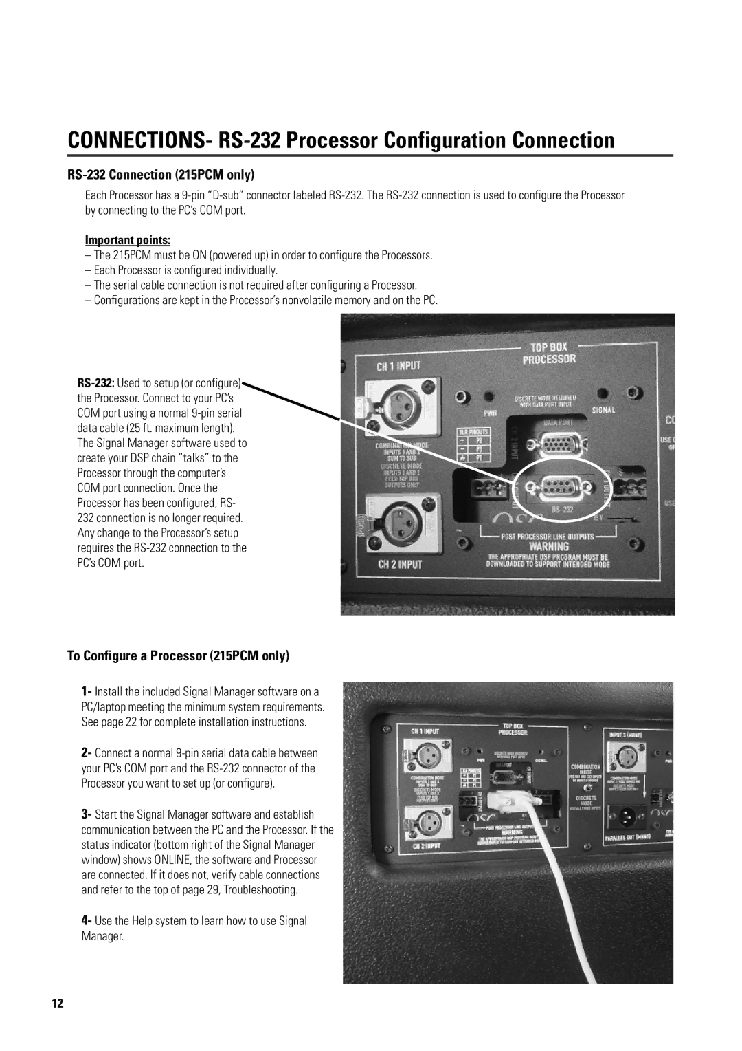 QSC Audio ISIS 215PCM user manual CONNECTIONS- RS-232 Processor Configuration Connection, RS-232 Connection 215PCM only 