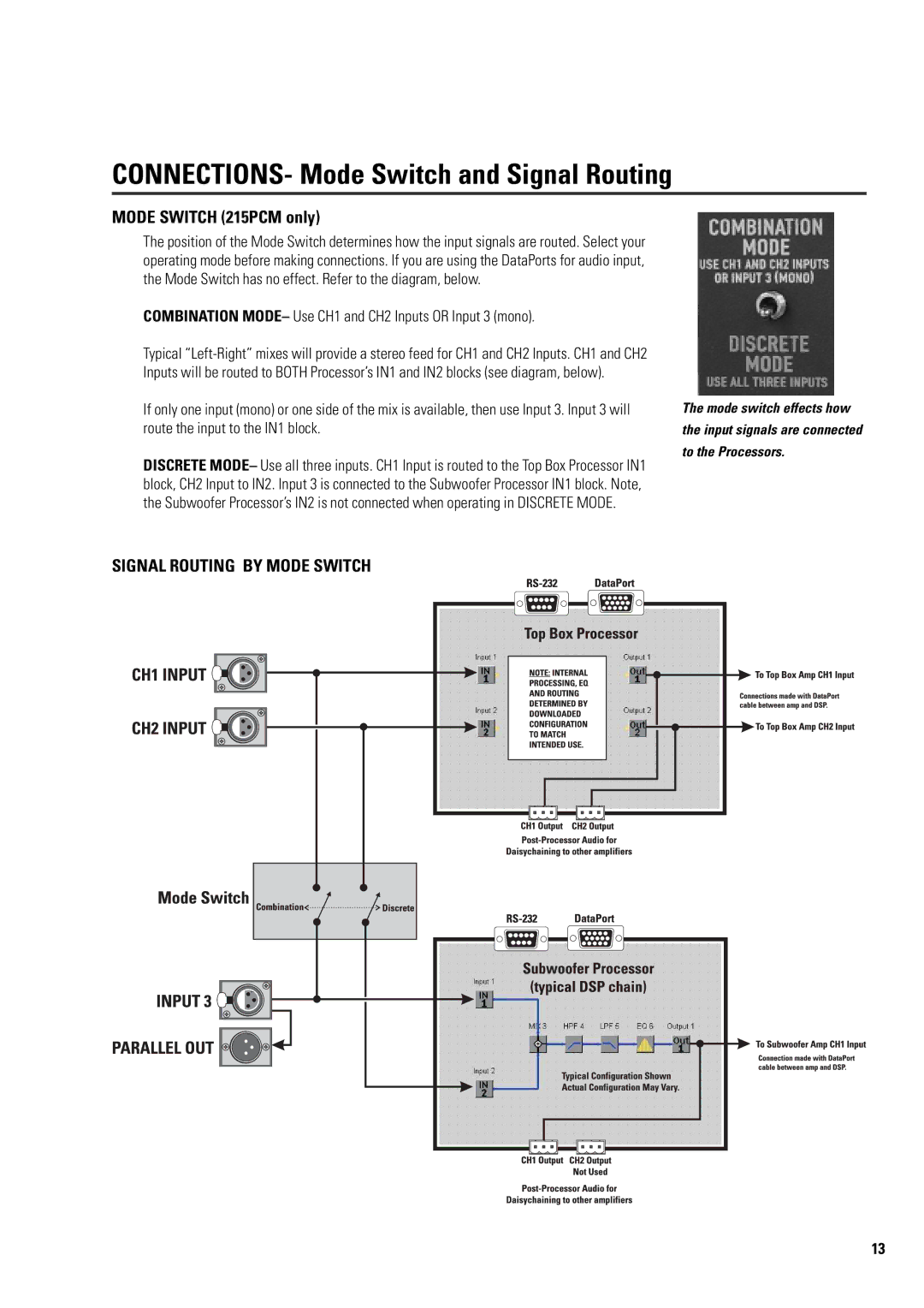 QSC Audio ISIS 215PCM user manual CONNECTIONS- Mode Switch and Signal Routing, Mode Switch 215PCM only 