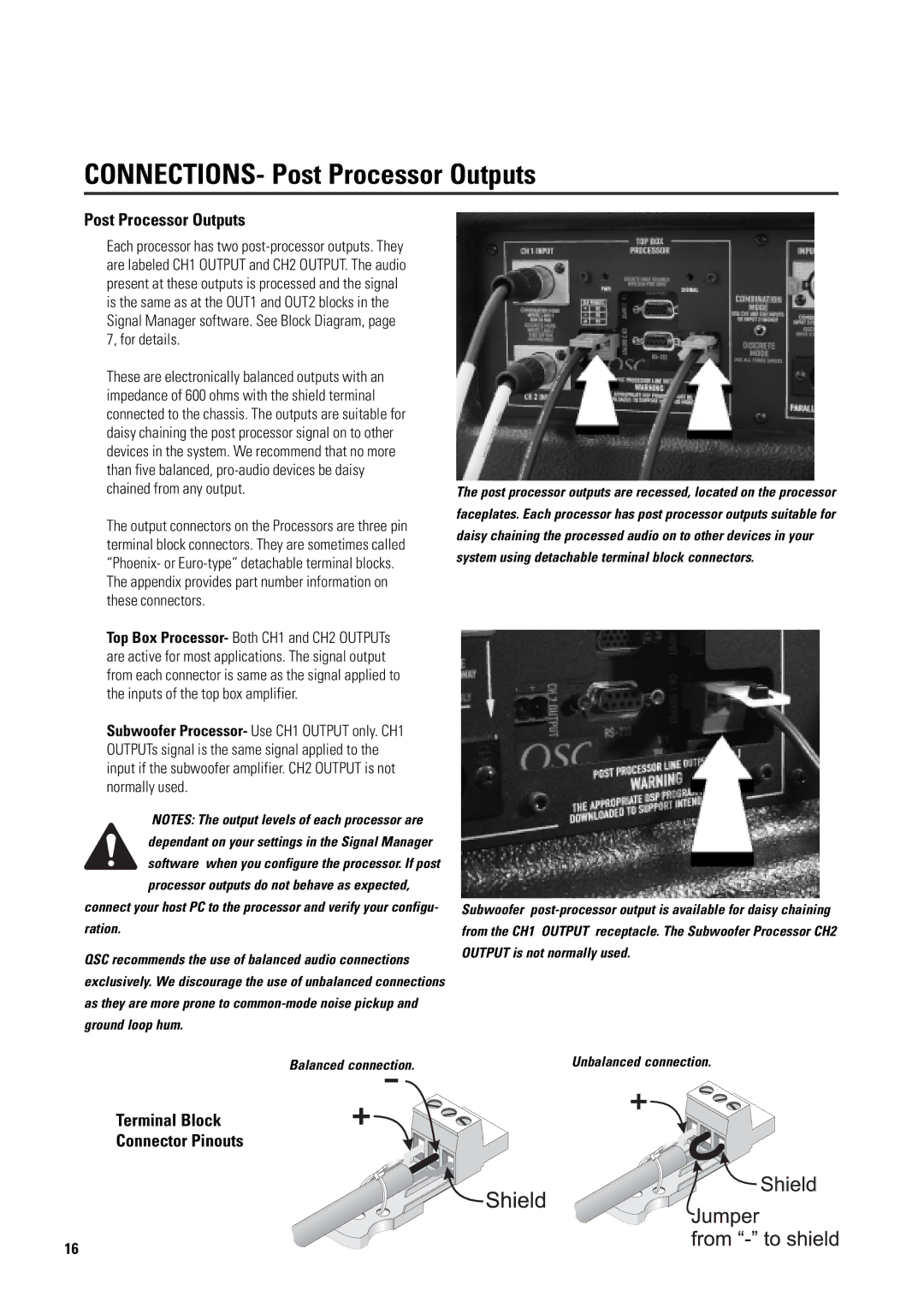 QSC Audio ISIS 215PCM user manual CONNECTIONS- Post Processor Outputs, Terminal Block Connector Pinouts 