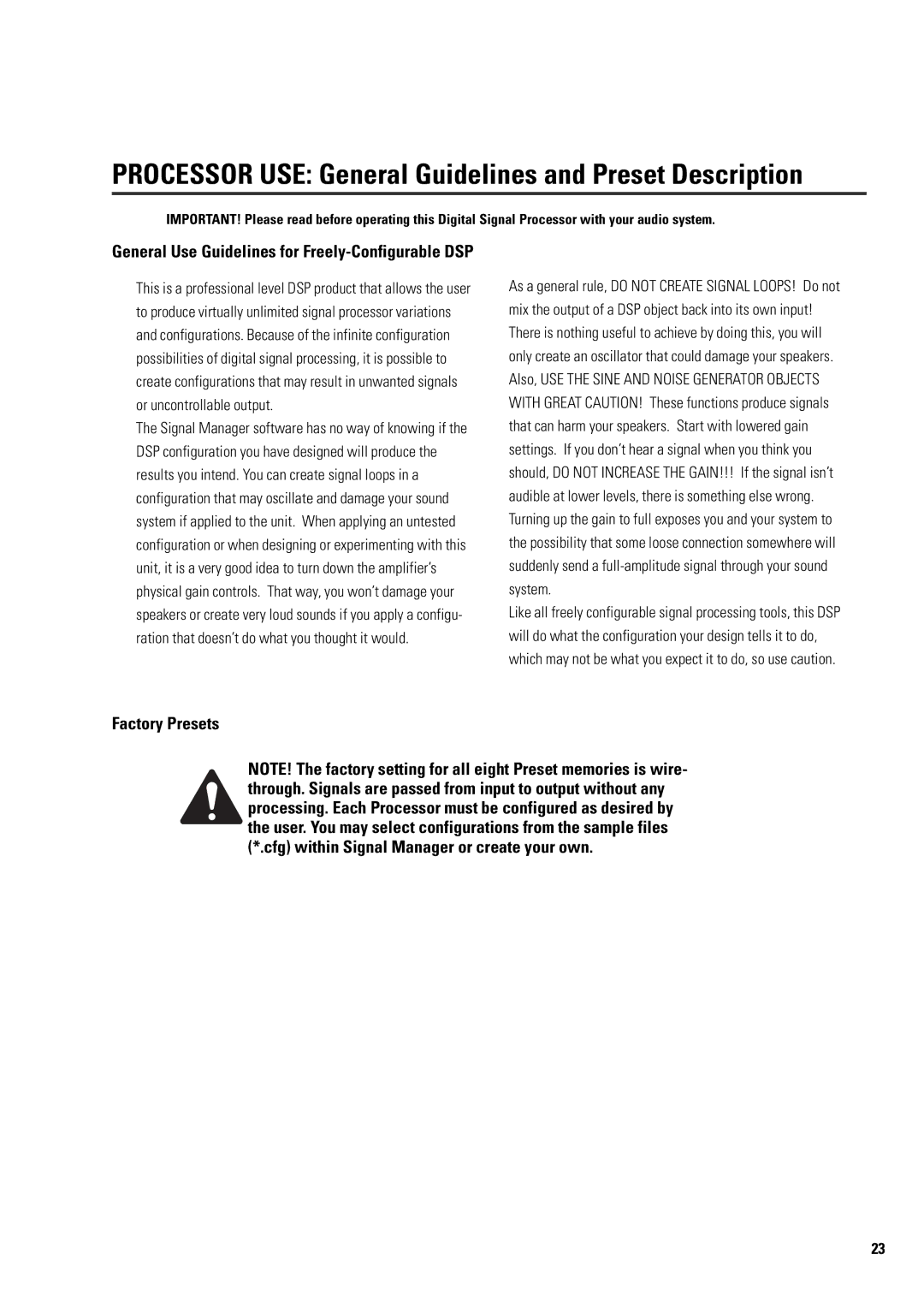 QSC Audio ISIS 215PCM user manual General Use Guidelines for Freely-Configurable DSP, Factory Presets 