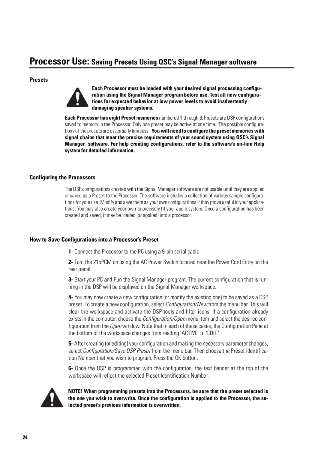 QSC Audio ISIS 215PCM user manual Presets, Configuring the Processors, How to Save Configurations into a Processor’s Preset 