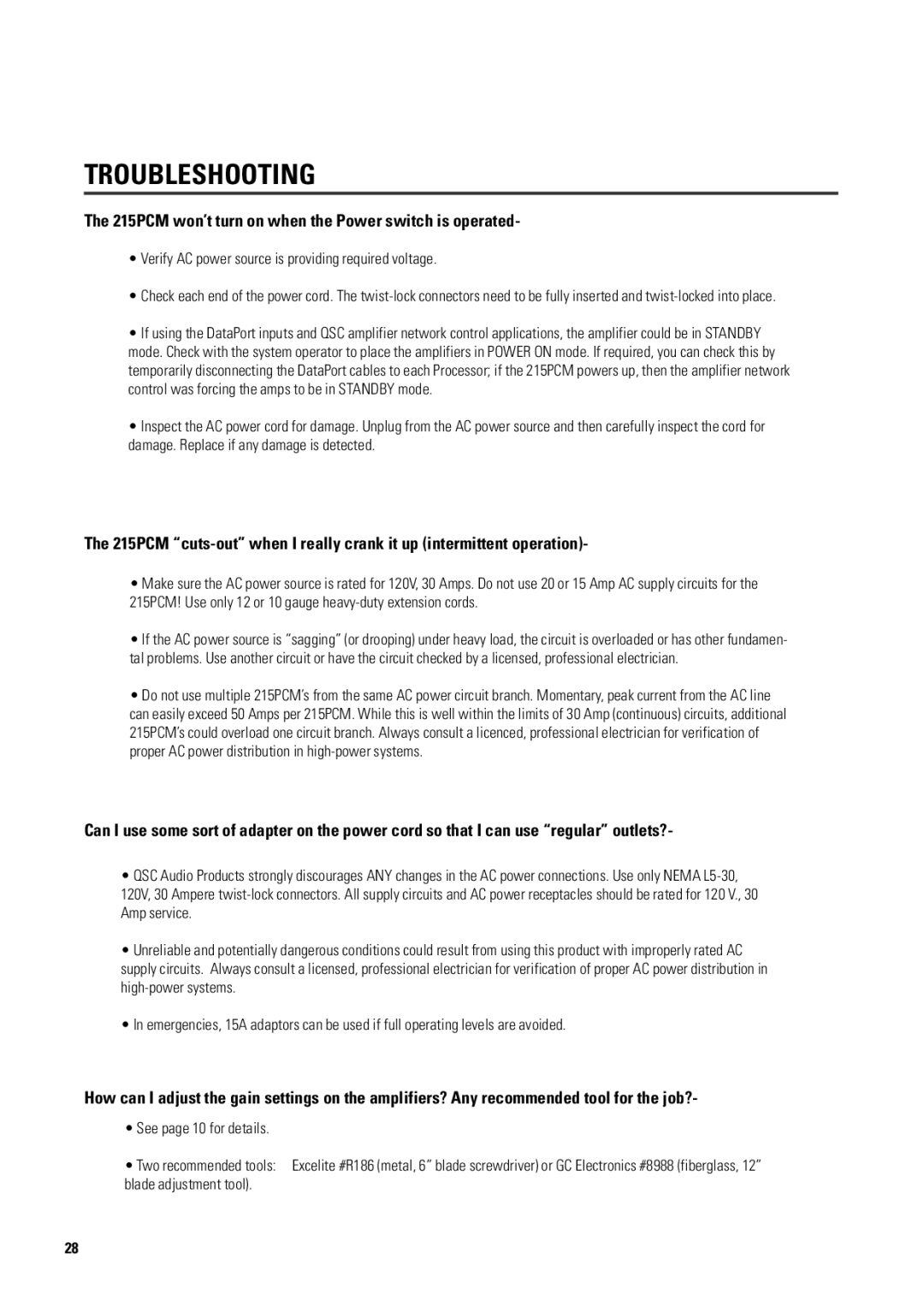 QSC Audio ISIS 215PCM user manual Troubleshooting, 215PCM won’t turn on when the Power switch is operated 