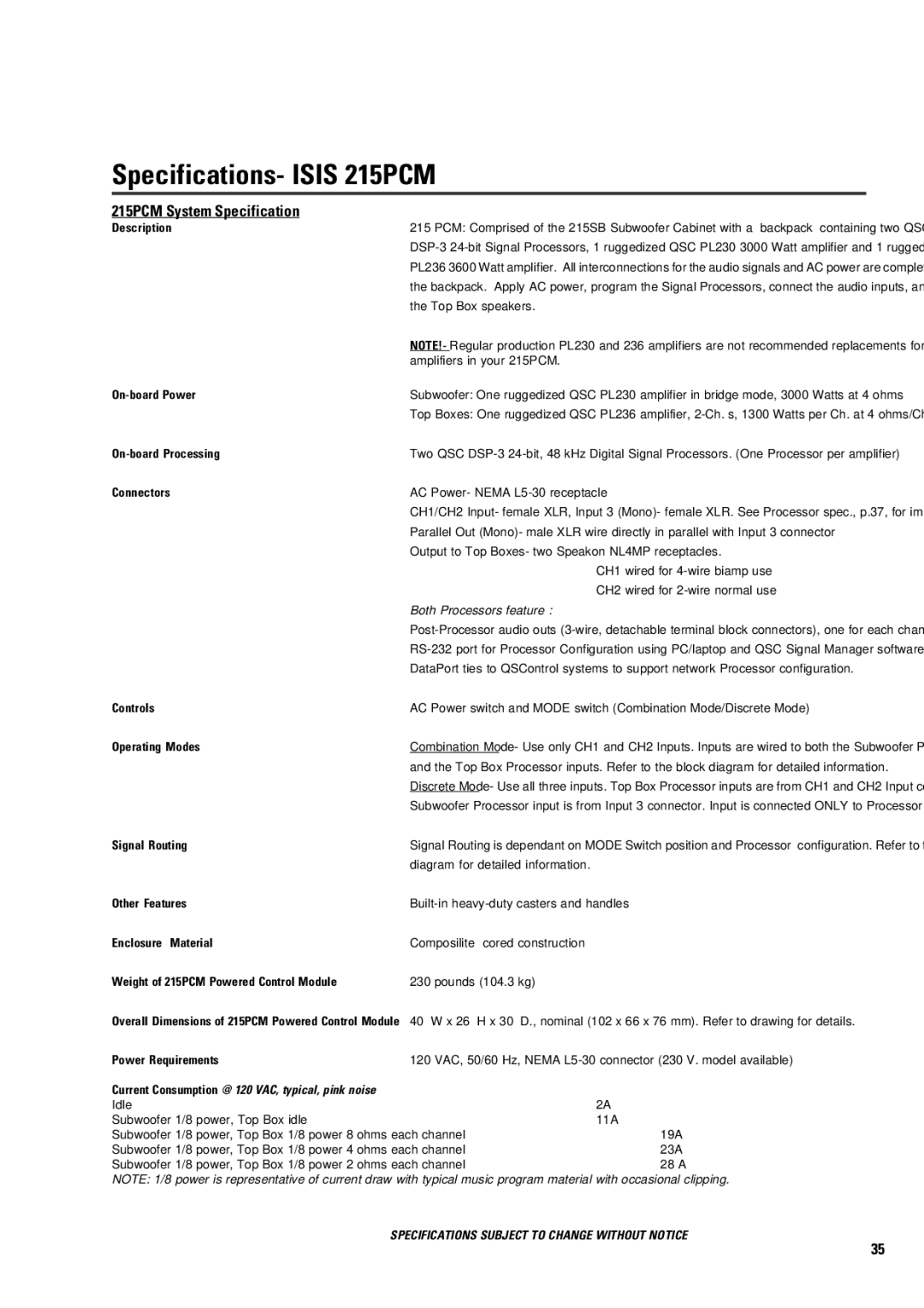 QSC Audio ISIS 215PCM user manual 215PCM System Specification, Description 