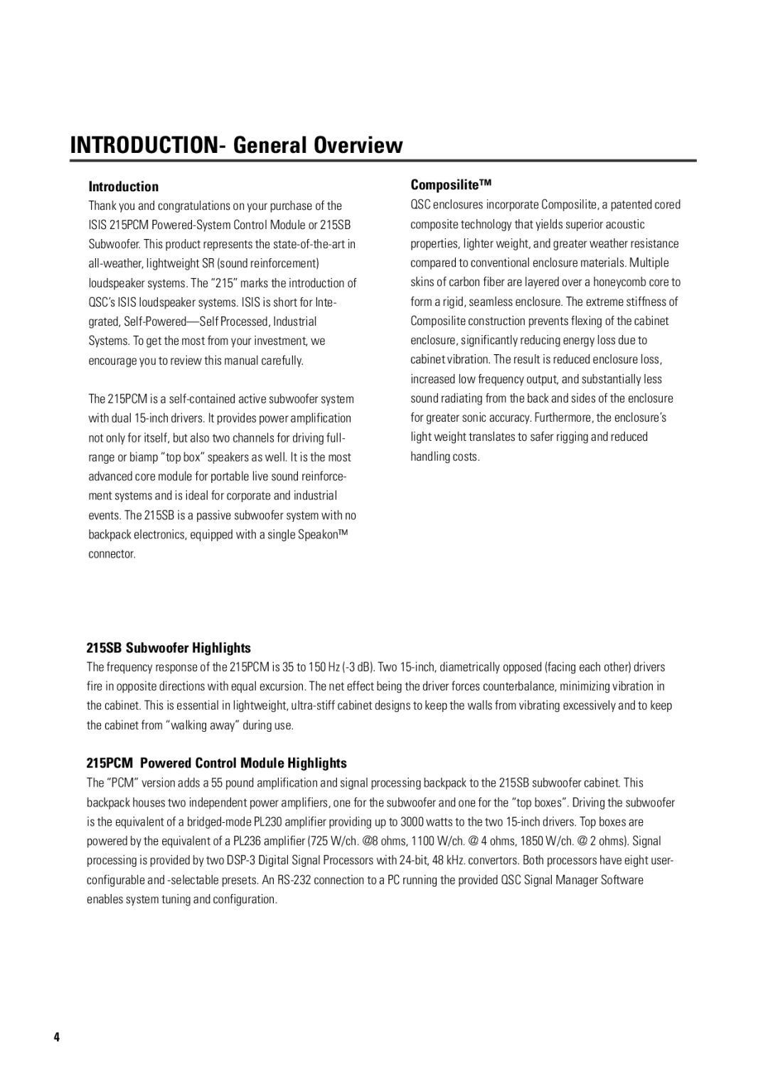 QSC Audio ISIS 215PCM user manual INTRODUCTION- General Overview, Introduction, Composilite, 215SB Subwoofer Highlights 