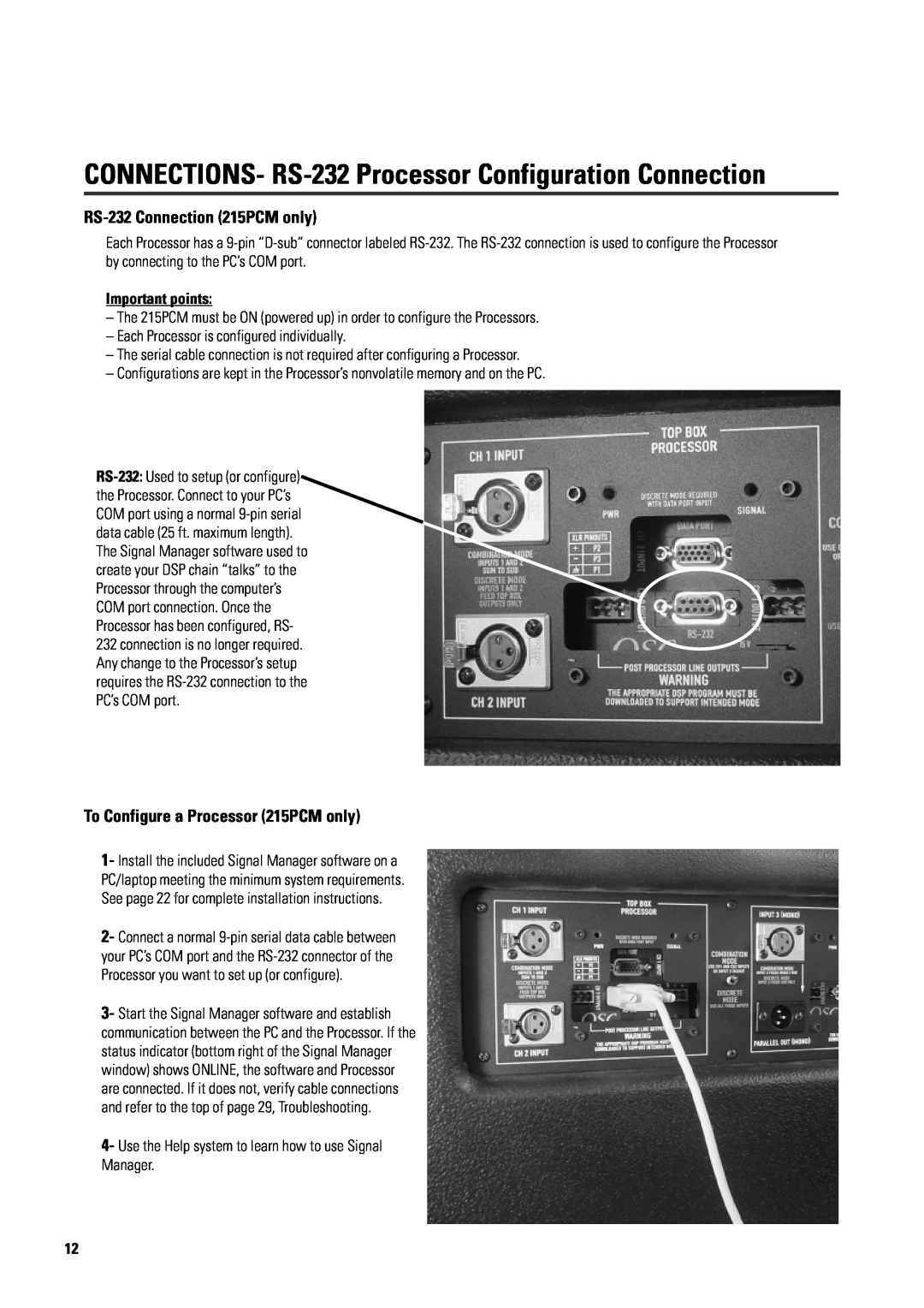 QSC Audio ISIS 215PCM user manual RS-232Connection 215PCM only, To Configure a Processor 215PCM only, Important points 