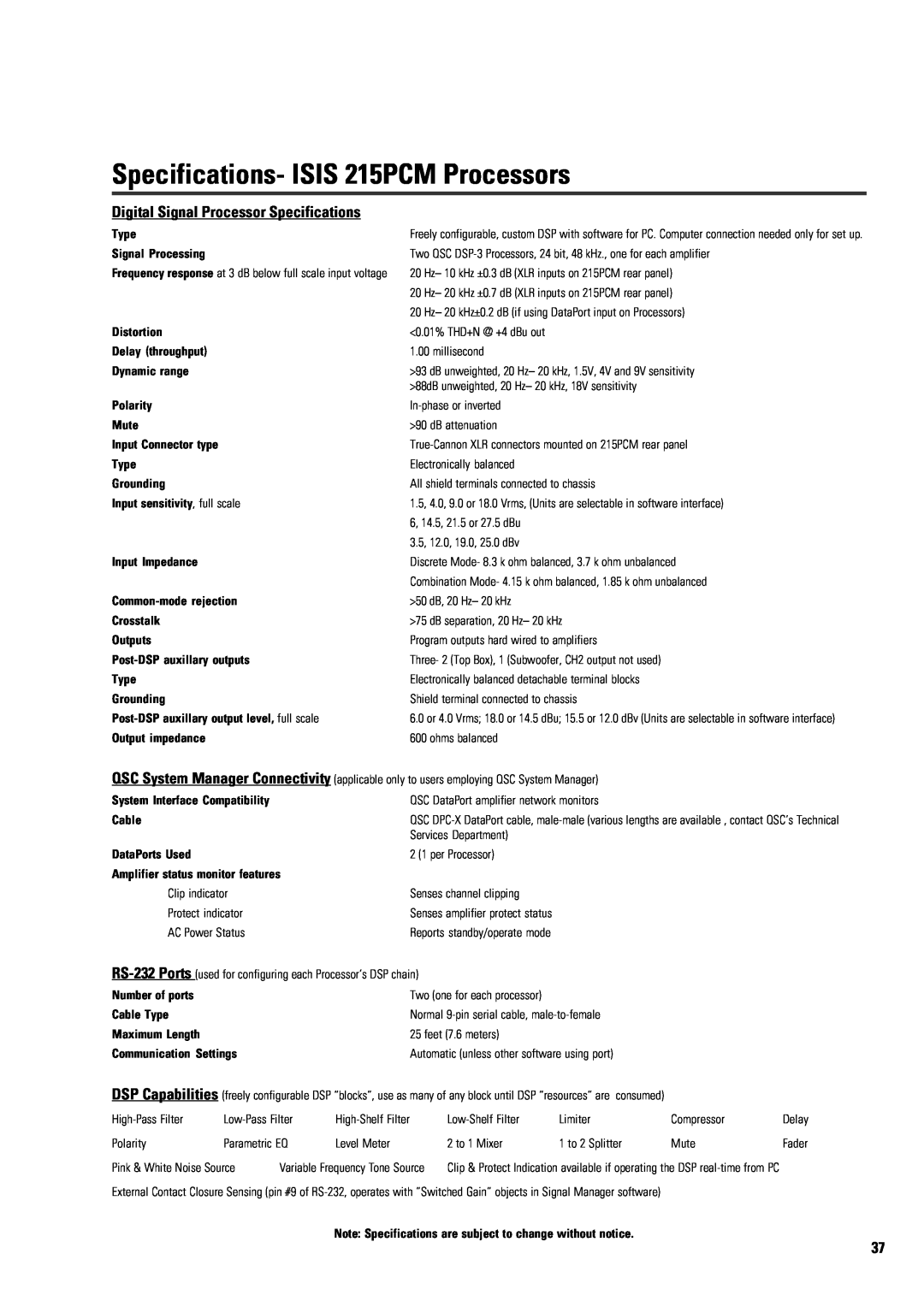 QSC Audio user manual Specifications- ISIS 215PCM Processors, Digital Signal Processor Specifications 