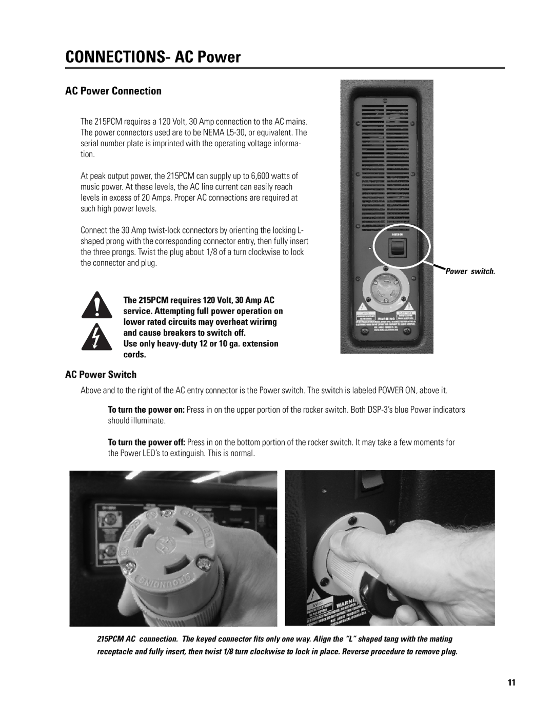 QSC Audio ISIS 215SB user manual CONNECTIONS- AC Power, AC Power Switch, Use only heavy-duty 12 or 10 ga. extension cords 