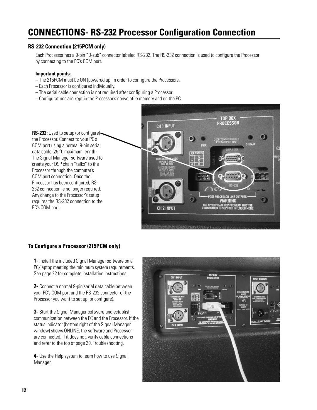 QSC Audio ISIS 215SB user manual CONNECTIONS- RS-232 Processor Configuration Connection, RS-232 Connection 215PCM only 