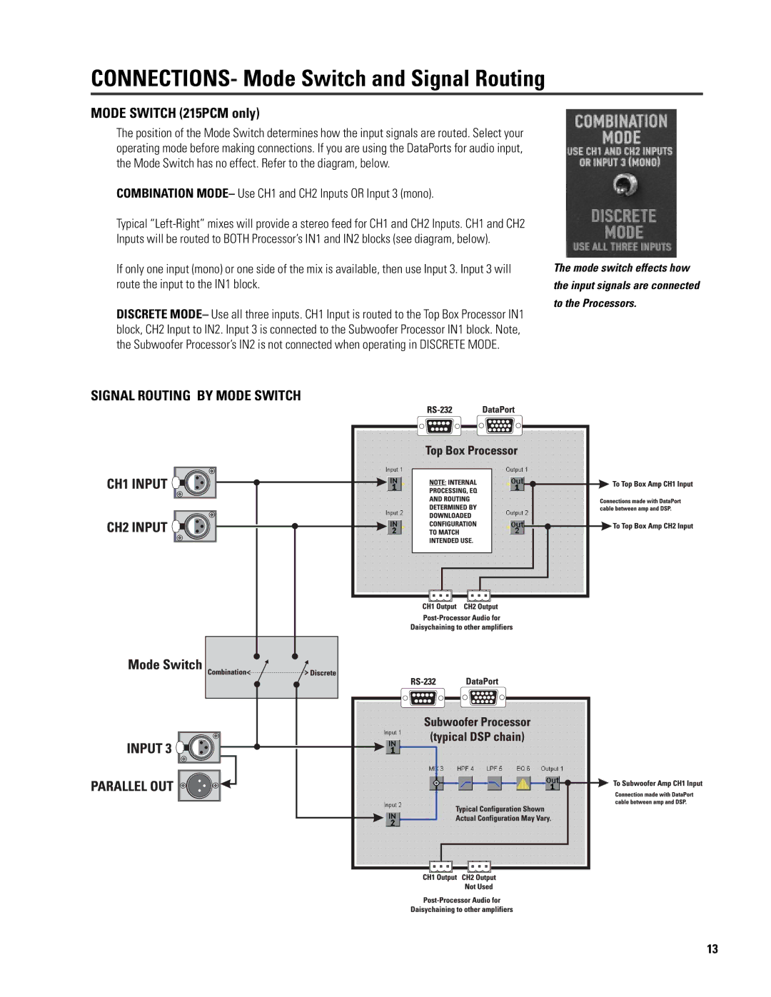 QSC Audio ISIS 215SB user manual CONNECTIONS- Mode Switch and Signal Routing, Mode Switch 215PCM only 