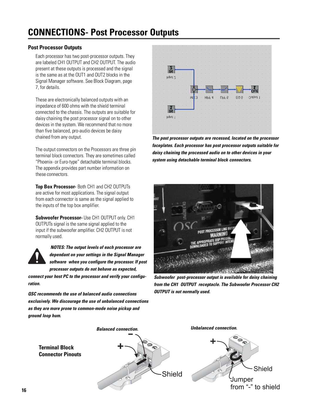 QSC Audio ISIS 215SB user manual CONNECTIONS- Post Processor Outputs, Terminal Block Connector Pinouts 