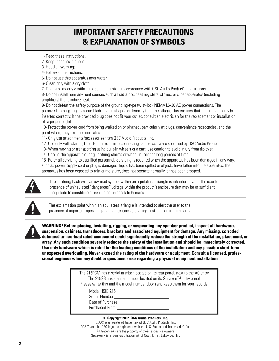 QSC Audio ISIS 215SB user manual Important Safety Precautions Explanation of Symbols 