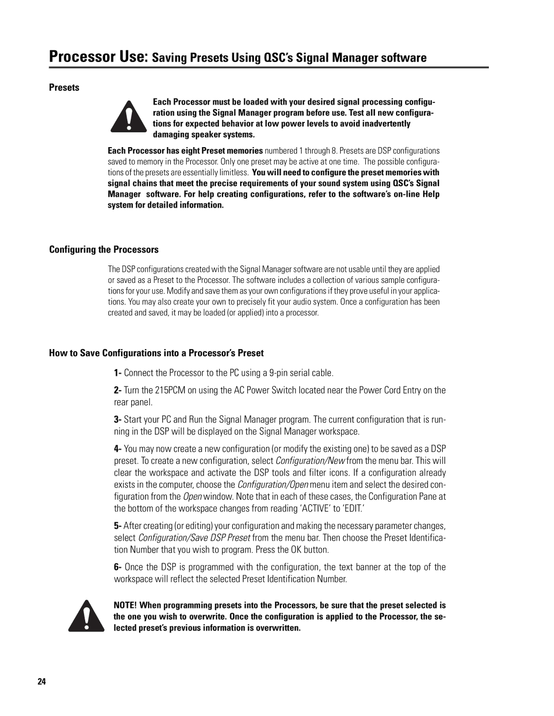 QSC Audio ISIS 215SB user manual Presets, Configuring the Processors, How to Save Configurations into a Processor’s Preset 