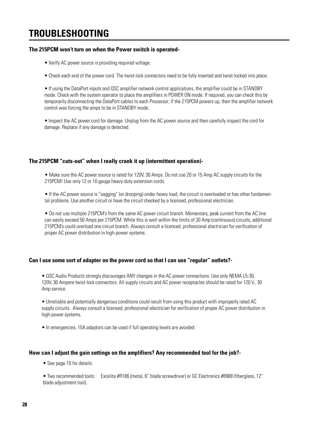 QSC Audio ISIS 215SB user manual Troubleshooting, 215PCM won’t turn on when the Power switch is operated 