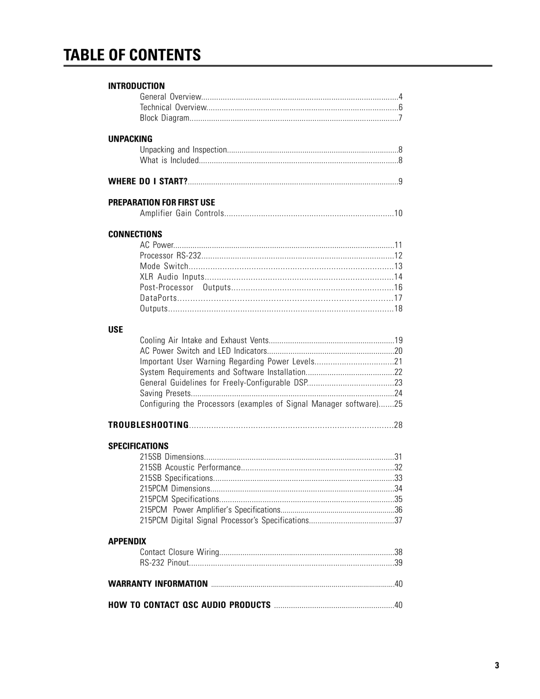 QSC Audio ISIS 215SB user manual Table of Contents 