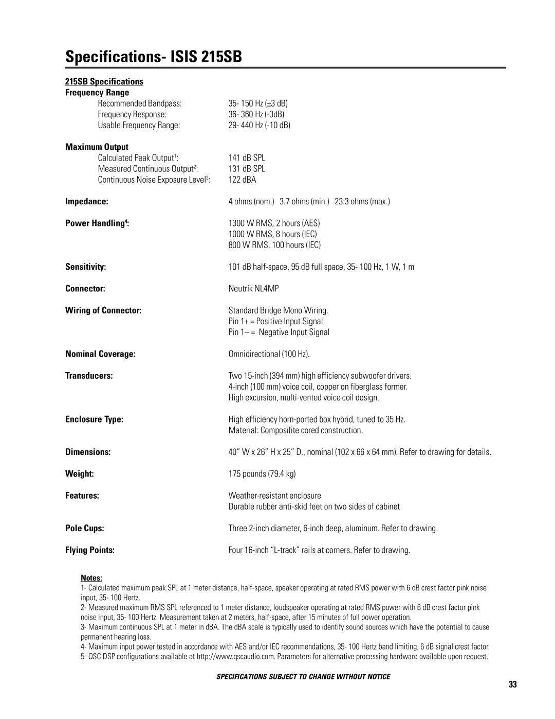 QSC Audio ISIS 215SB 215SB Specifications Frequency Range, Maximum Output, Impedance, Power Handling4, Sensitivity, Weight 