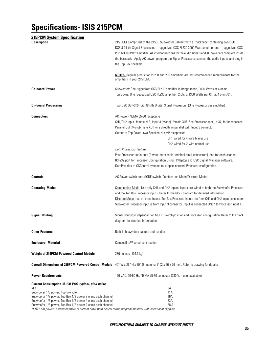 QSC Audio ISIS 215SB user manual 215PCM System Specification, Description 