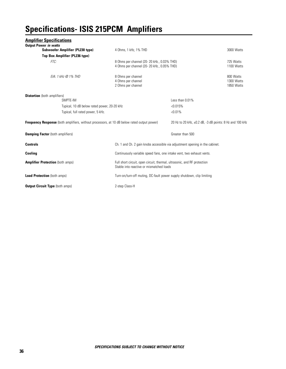 QSC Audio ISIS 215SB user manual Specifications- Isis 215PCM Amplifiers, Amplifier Specifications 