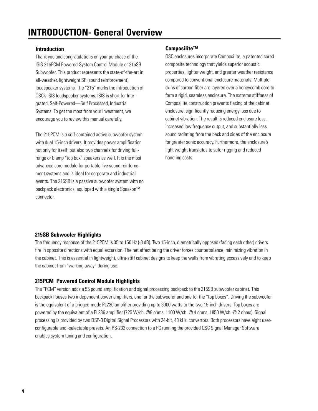 QSC Audio ISIS 215SB user manual INTRODUCTION- General Overview, Introduction, Composilite, 215SB Subwoofer Highlights 